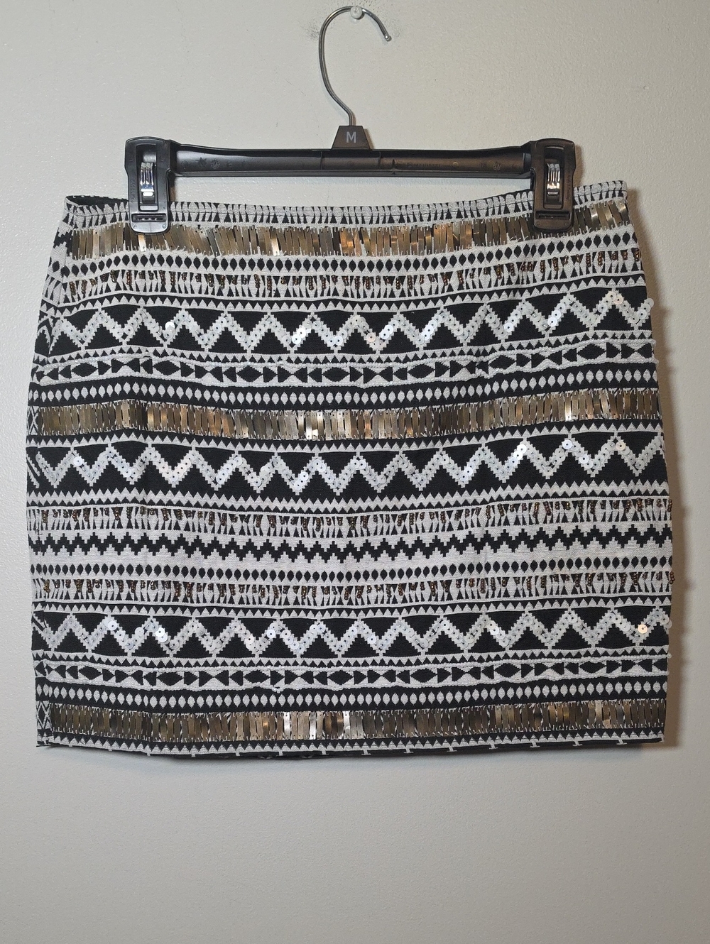 Freeway Black, White & Gold Aztec Sequin Mini Skirt
